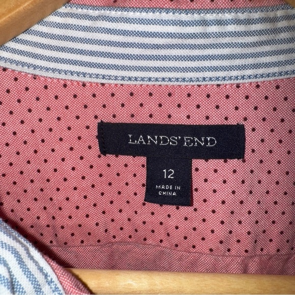 Lands End Women’s Long Sleeve Button Up Shirt Pink with Black Dots Petite 12P - Picture 4 of 7